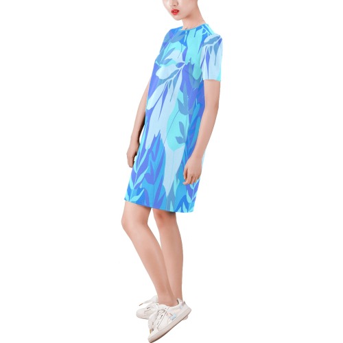 Beautiful Teal and Aqua Tropical Floral Short-Sleeve Round Neck A-Line Dress (Model D47)