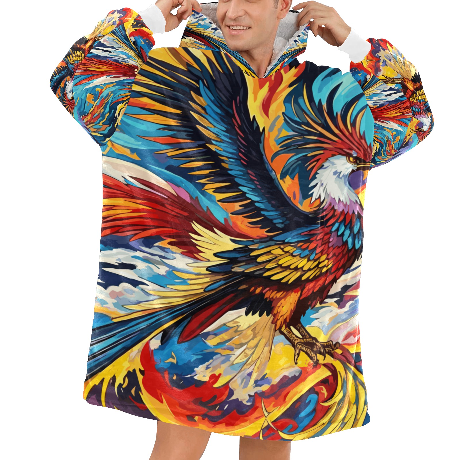 Cute fantasy phoenix birds and fire colorful art. Blanket Hoodie for Men