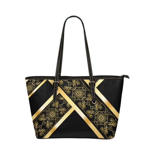 Women's Black And Gold Leather Tote With Flowers Leather Tote Bag/Large (Model 1651)