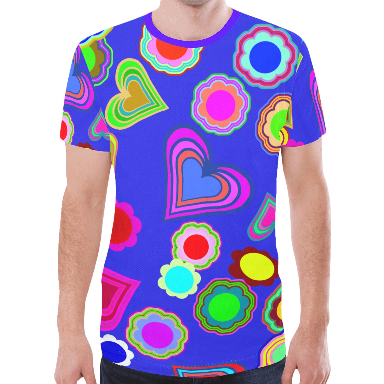 Groovy Hearts Flowers Pattern Blue New All Over Print T-shirt for Men (Model T45)
