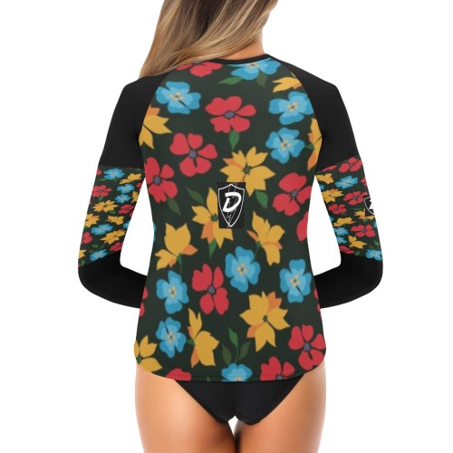 DIONIO Clothing - Women's Long Sleeve Shirt (Flowers 1 Black) Women's Long Sleeve Swim Shirt (Model S39)