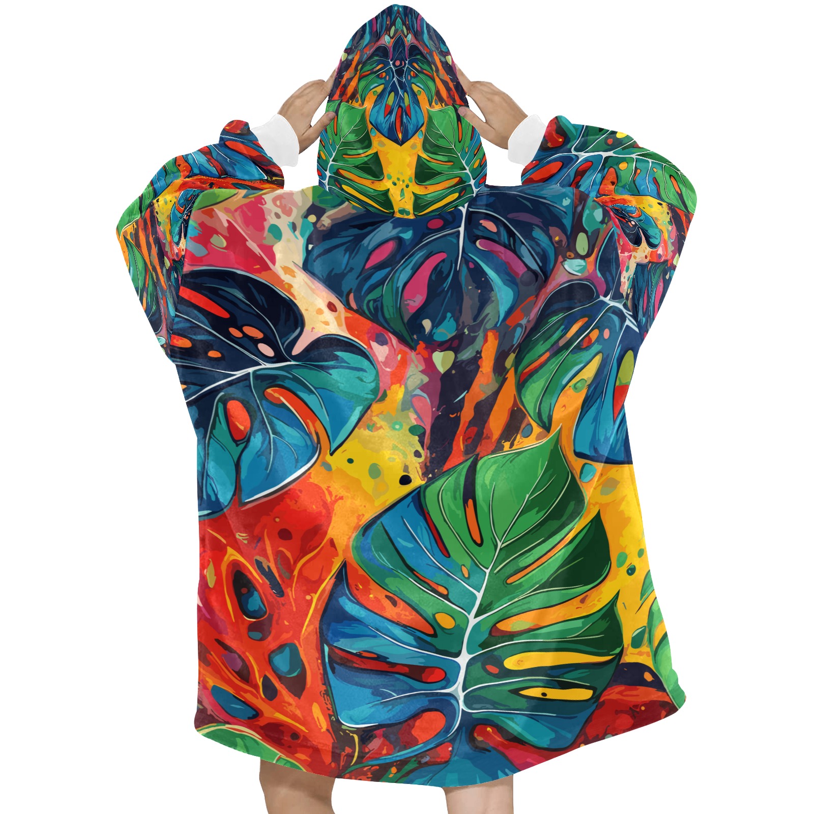Colorful monstera leaves tropical abstract art. Blanket Hoodie for Women
