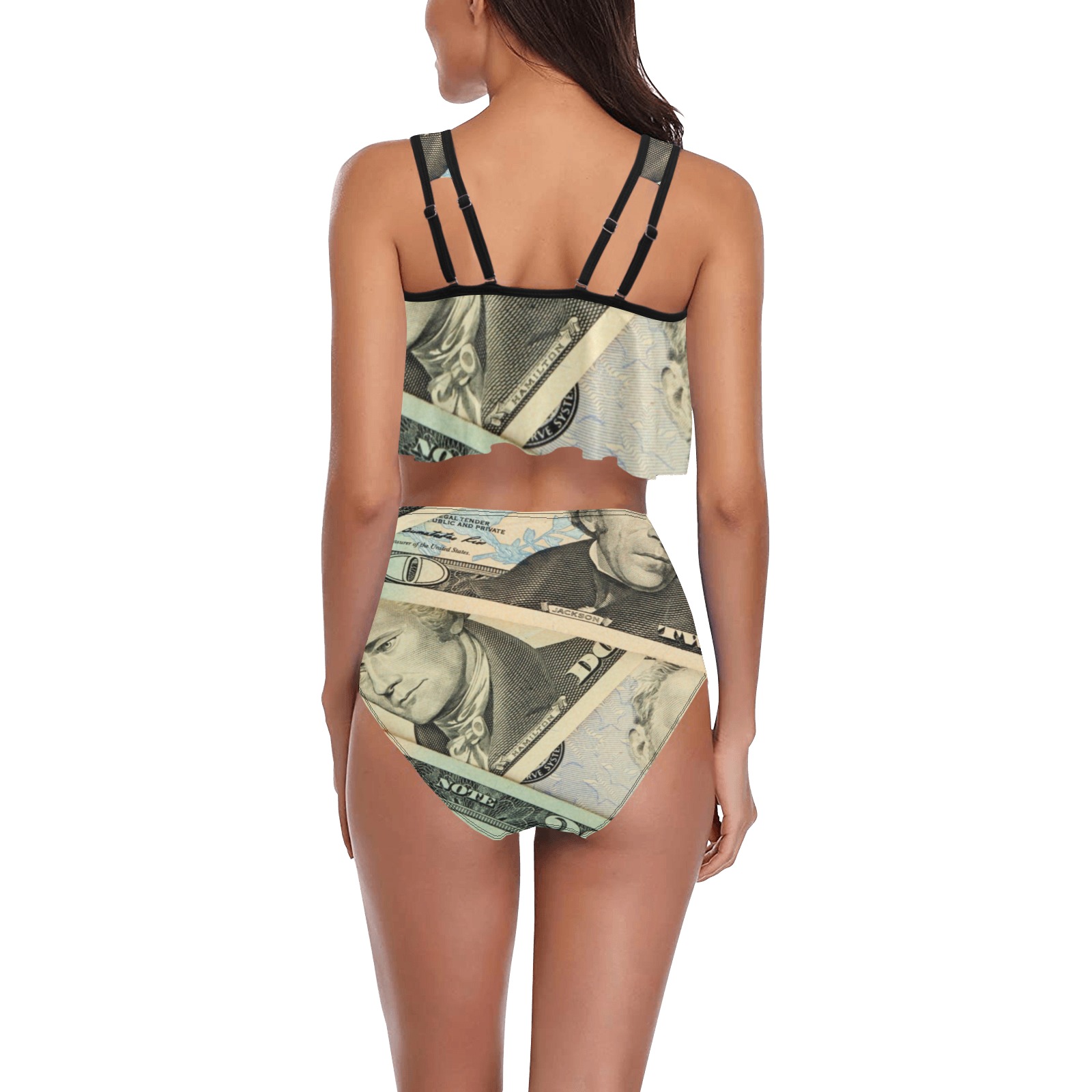 US PAPER CURRENCY High Waisted Flounce Bikini Set (Model S24)