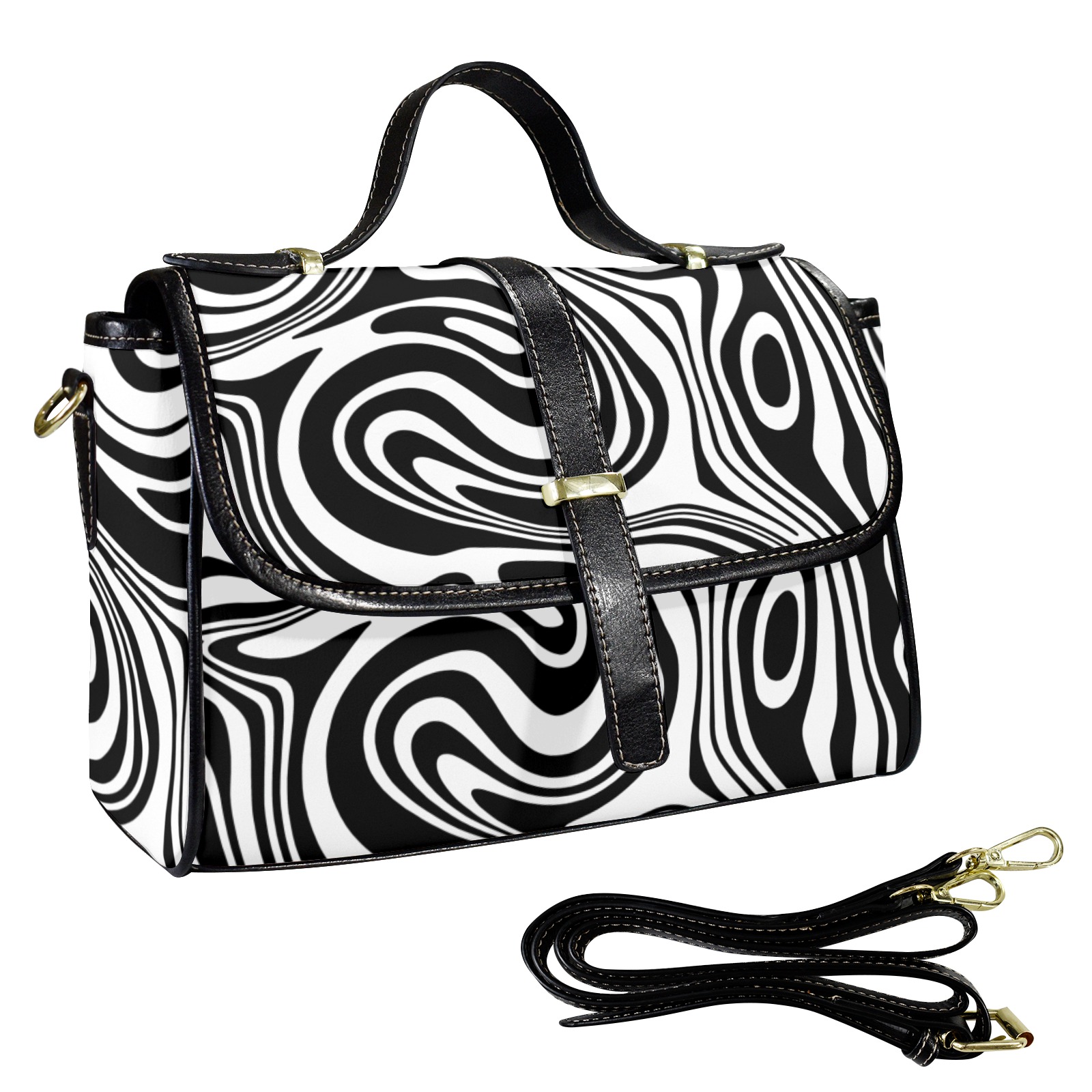 Black and White Marble Multi-Function Leather Satchel-Black (Model 1739)