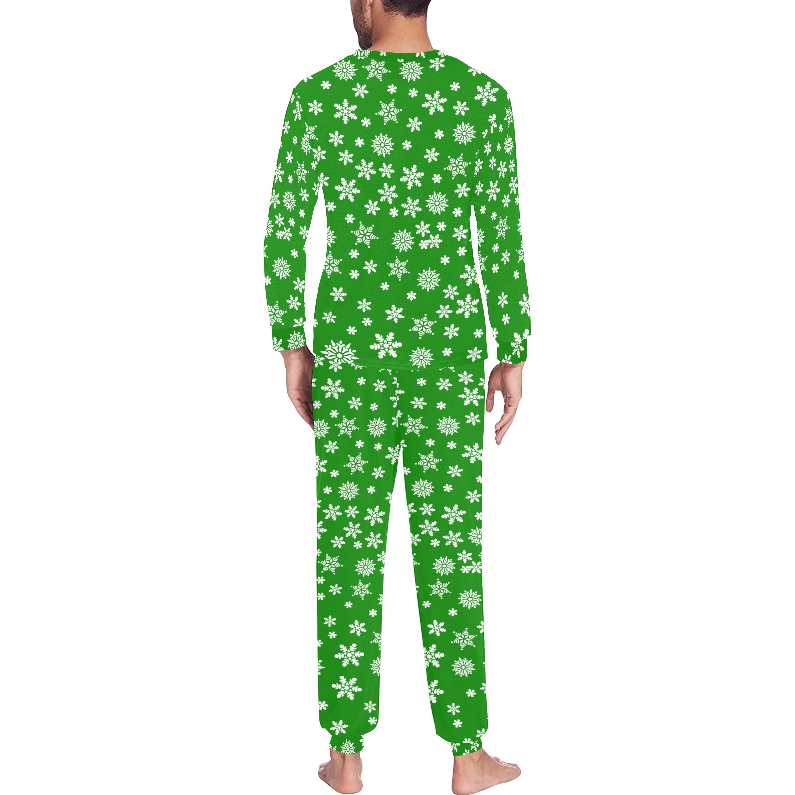 Christmas White Snowflakes on Green Men's All Over Print Pajama Set with Custom Cuff