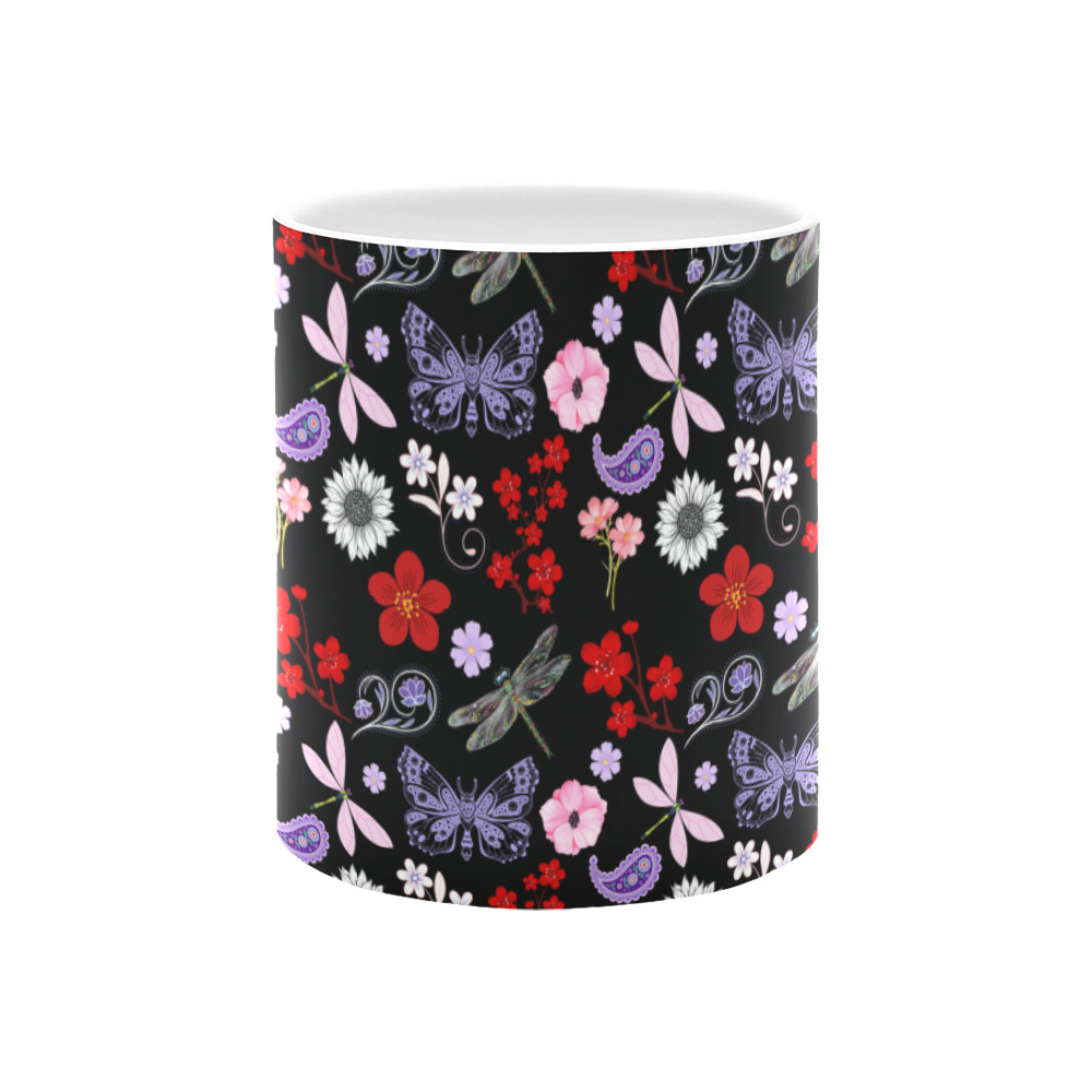 Black, Red, Pink, Purple, Dragonflies, Butterfly and Flowers Design White Mug(11OZ)