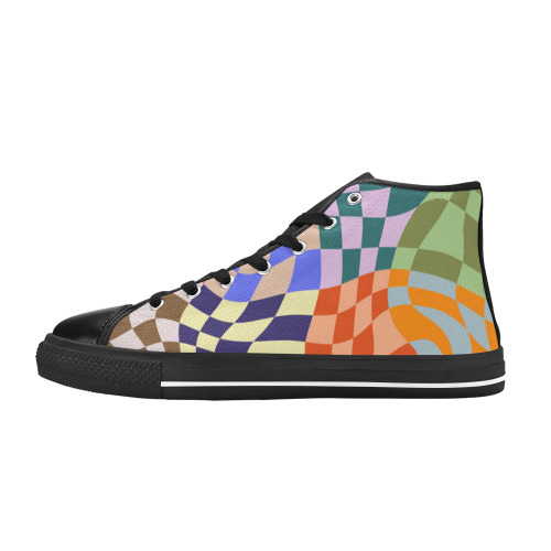 Wavy Groovy Geometric Checkered Retro Abstract Mosaic Pixels Women's Classic High Top Canvas Shoes (Model 017)