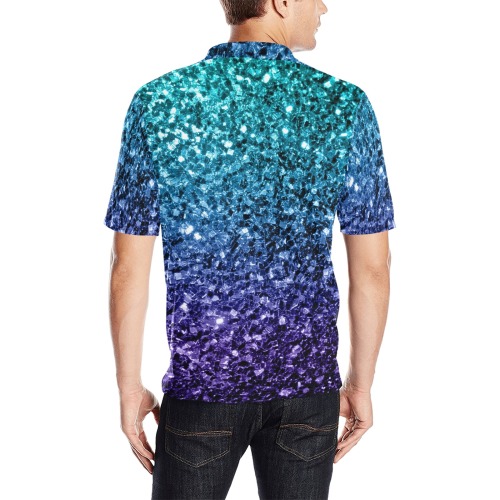 Aqua blue ombre faux glitter sparkles Men's All Over Print Polo Shirt (Model T55)