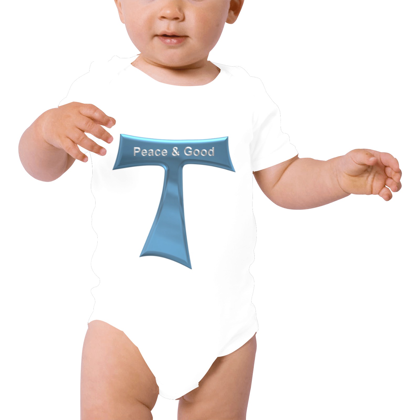 Franciscan Tau Cross Peace and Good  Blue Metallic Baby Powder Organic Short Sleeve One Piece (Model T28)