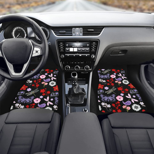 Black, Red, Pink, Purple, Dragonflies, Butterfly and Flowers Design Front Car Floor Mat (2pcs)