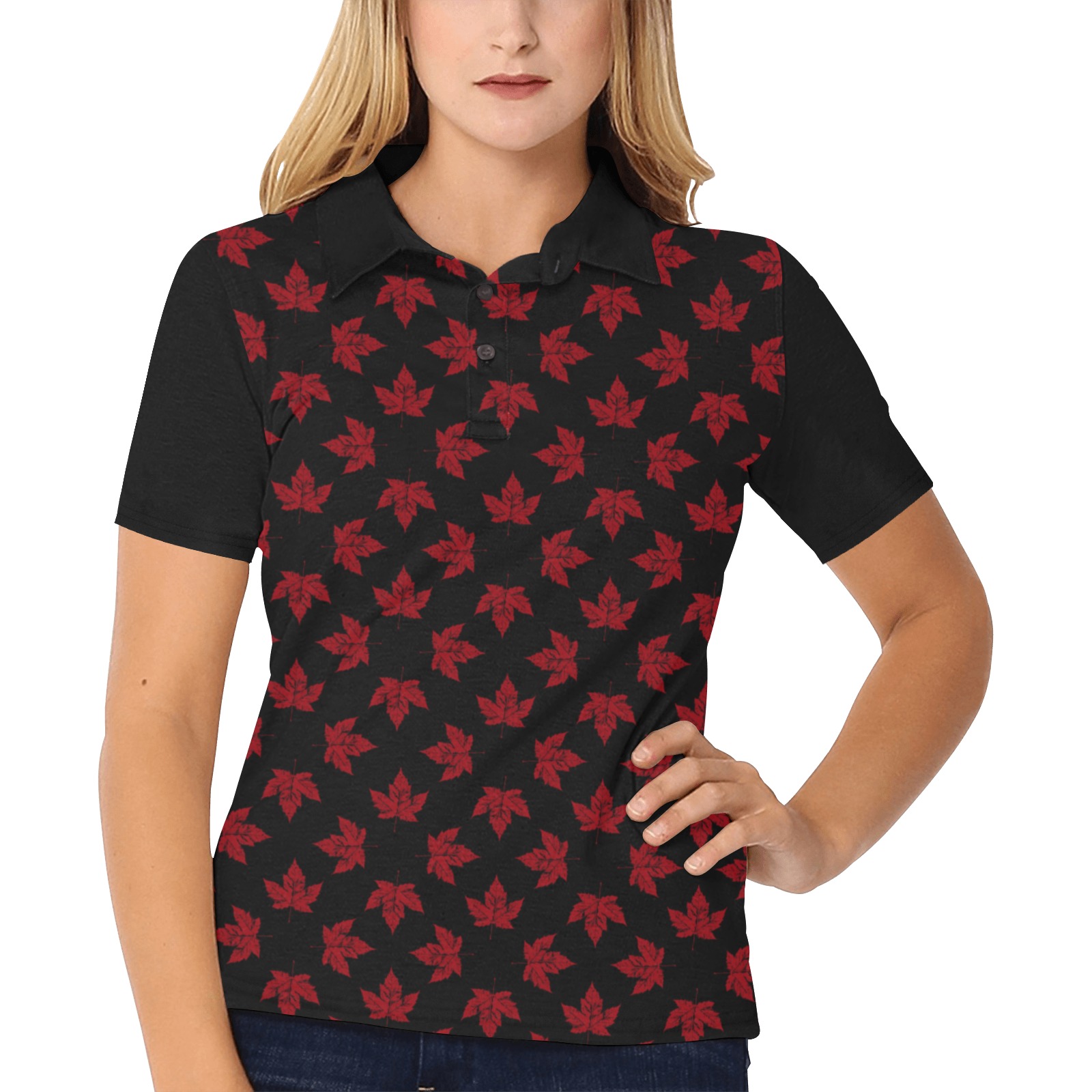 Cool Retro Canada Maple Leaf Women's All Over Print Polo Shirt (Model T55)