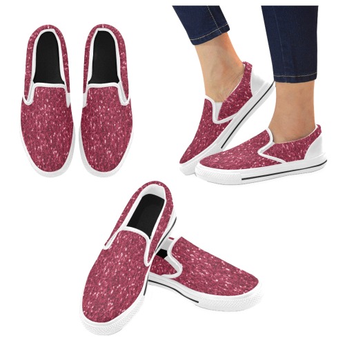 Magenta dark pink red faux sparkles glitter Women's Unusual Slip-on Canvas Shoes (Model 019)