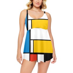 Mondrian De Stijl Modern Chest Pleat Swim Dress (Model S31)