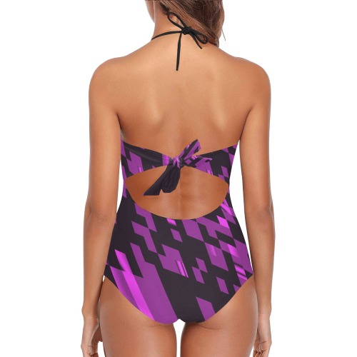 Pink Black Geometric Abstract Lace Band Embossing Swimsuit (Model S15)
