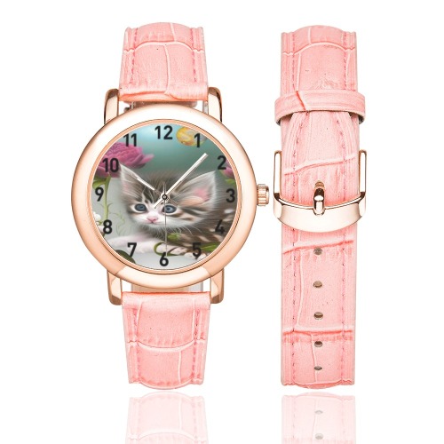 Cute Kittens 4 Women's Rose Gold Leather Strap Watch(Model 201)