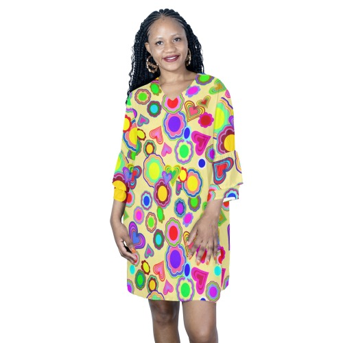 Groovy Hearts and Flowers Yellow Half Sleeves V-Neck Mini Dress (Model D63)