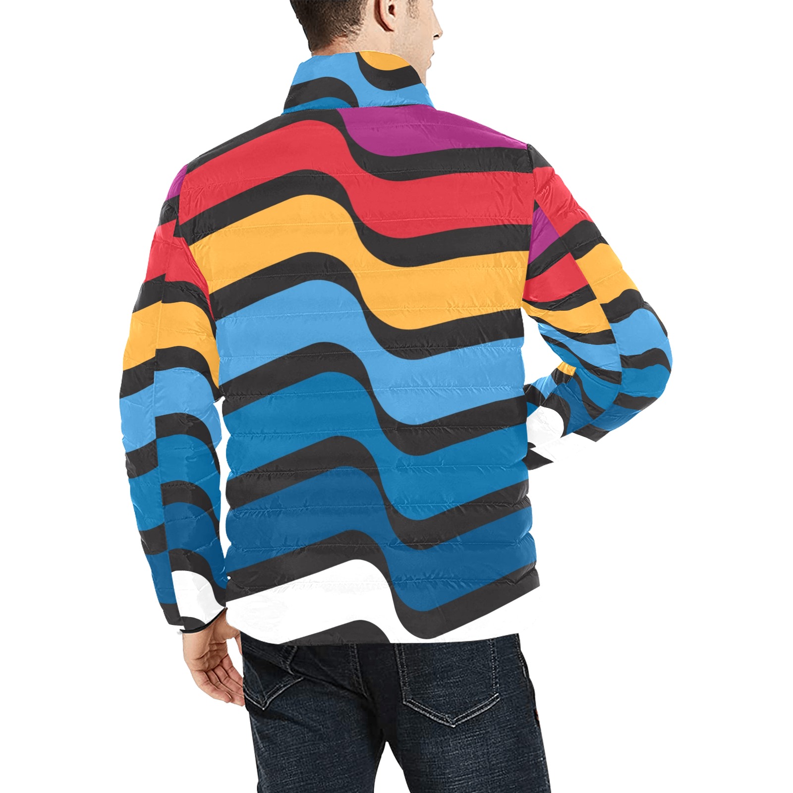 Wavy Colorful Stripes Men's Stand Collar Padded Jacket (Model H41)