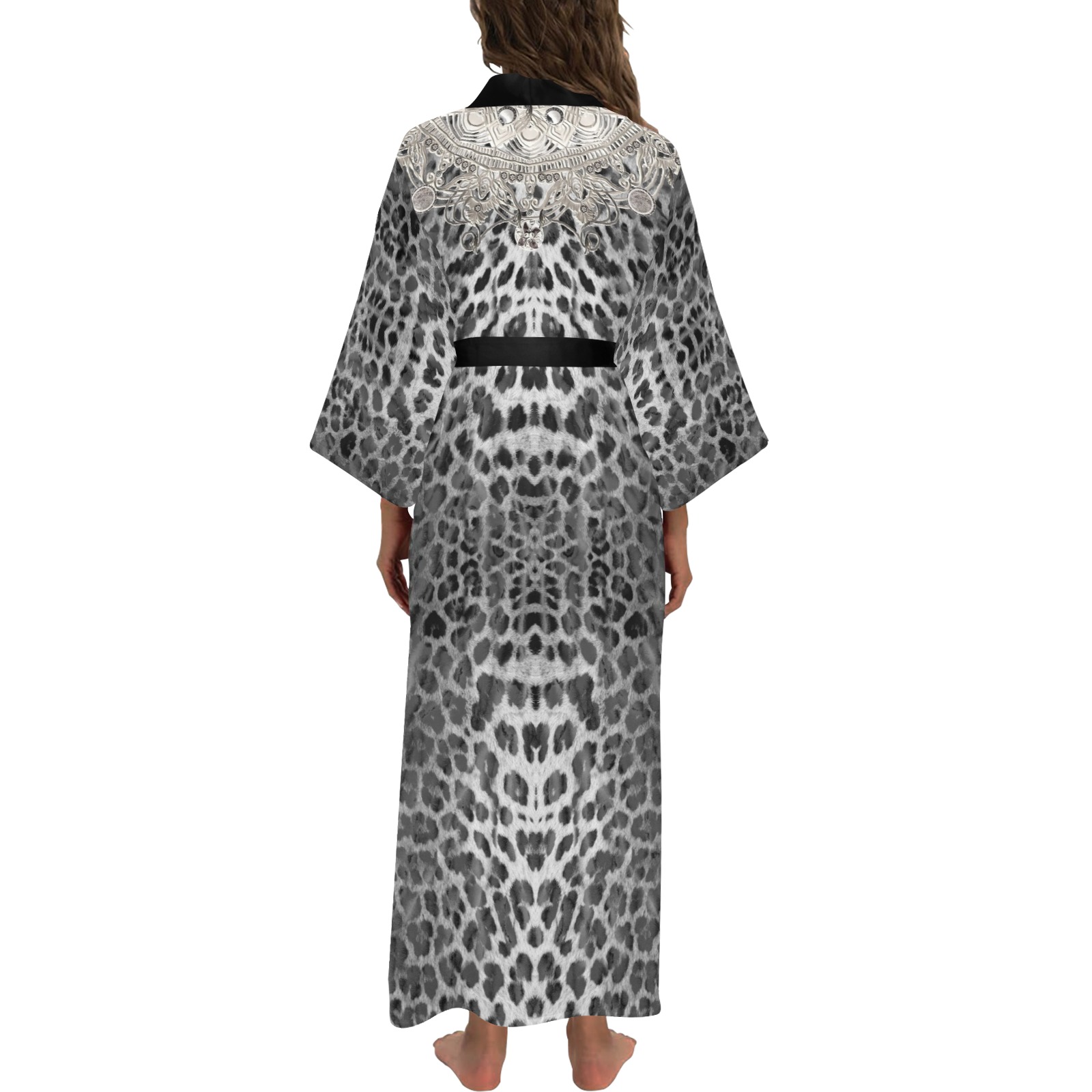 leopard 13-round neck- silver  back Long Kimono Robe
