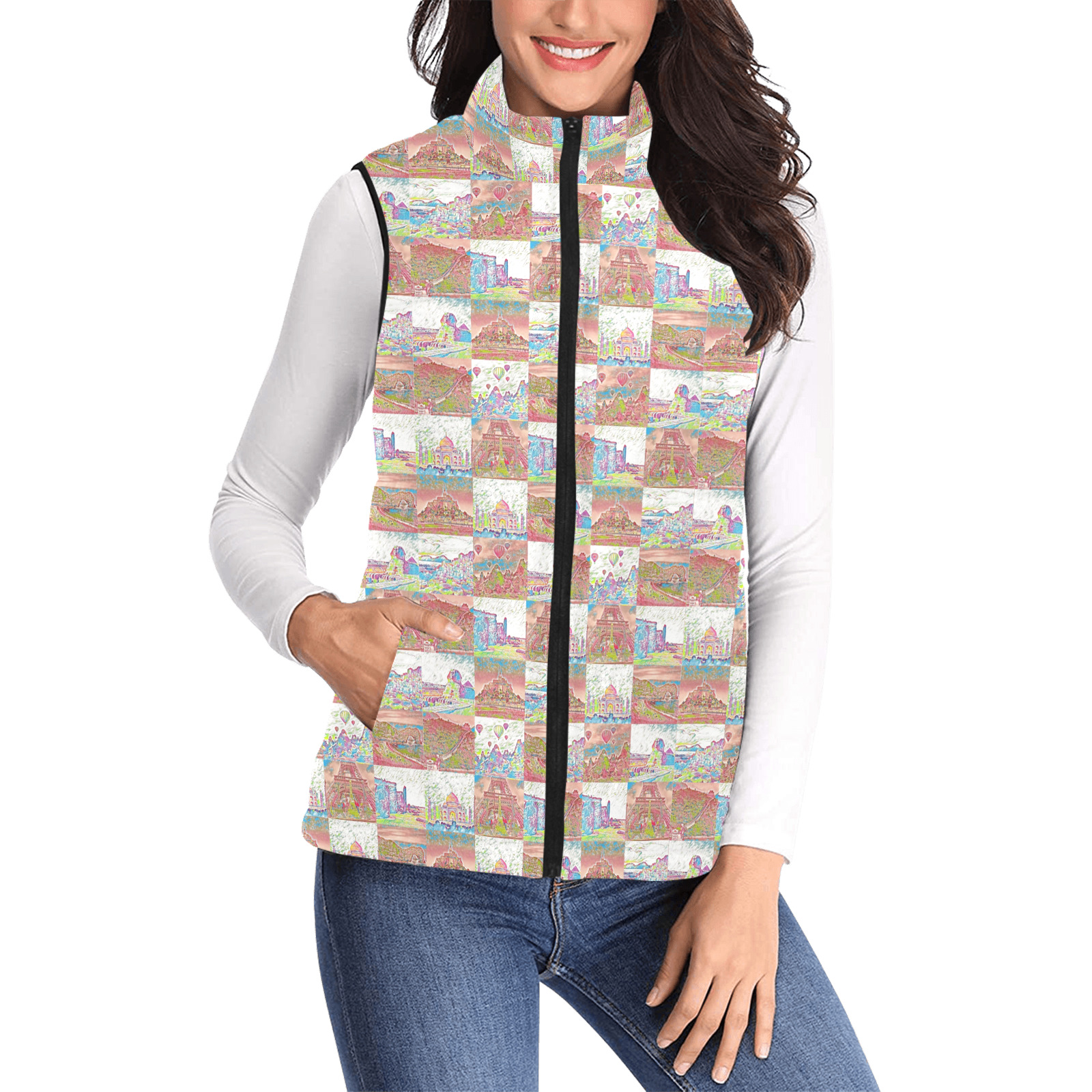 Big Pink and White World travel Collage Pattern Women's Padded Vest Jacket (Model H44)