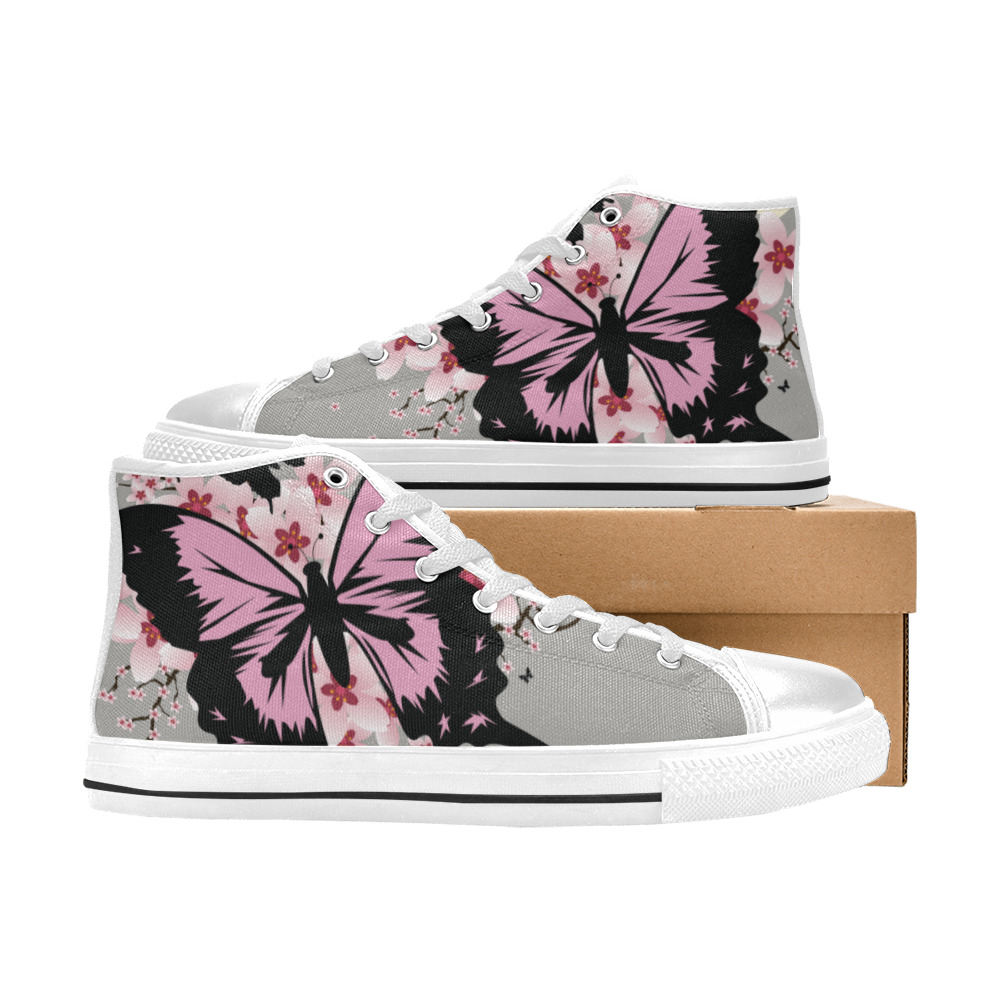 Cherry Blossom Butterflies Women's Classic High Top Canvas Shoes (Model 017)