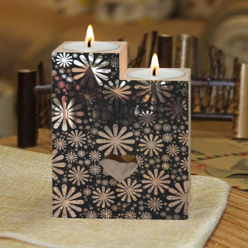 Abstract Beige Flowers Wooden Candle Holder (Without Candle)