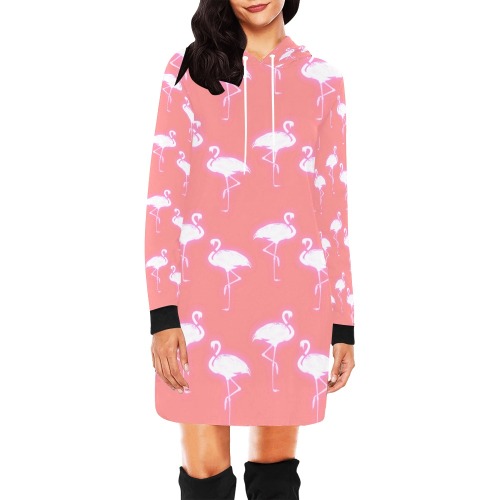 Flamingo Pattern Coral and White All Over Print Hoodie Mini Dress (Model H27)