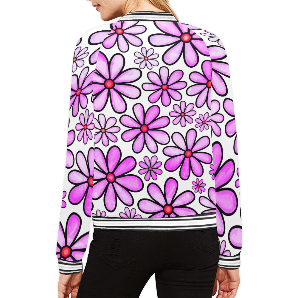 Pink Watercolor Doodle Daisy Flower Pattern All Over Print Bomber Jacket for Women (Model H21)