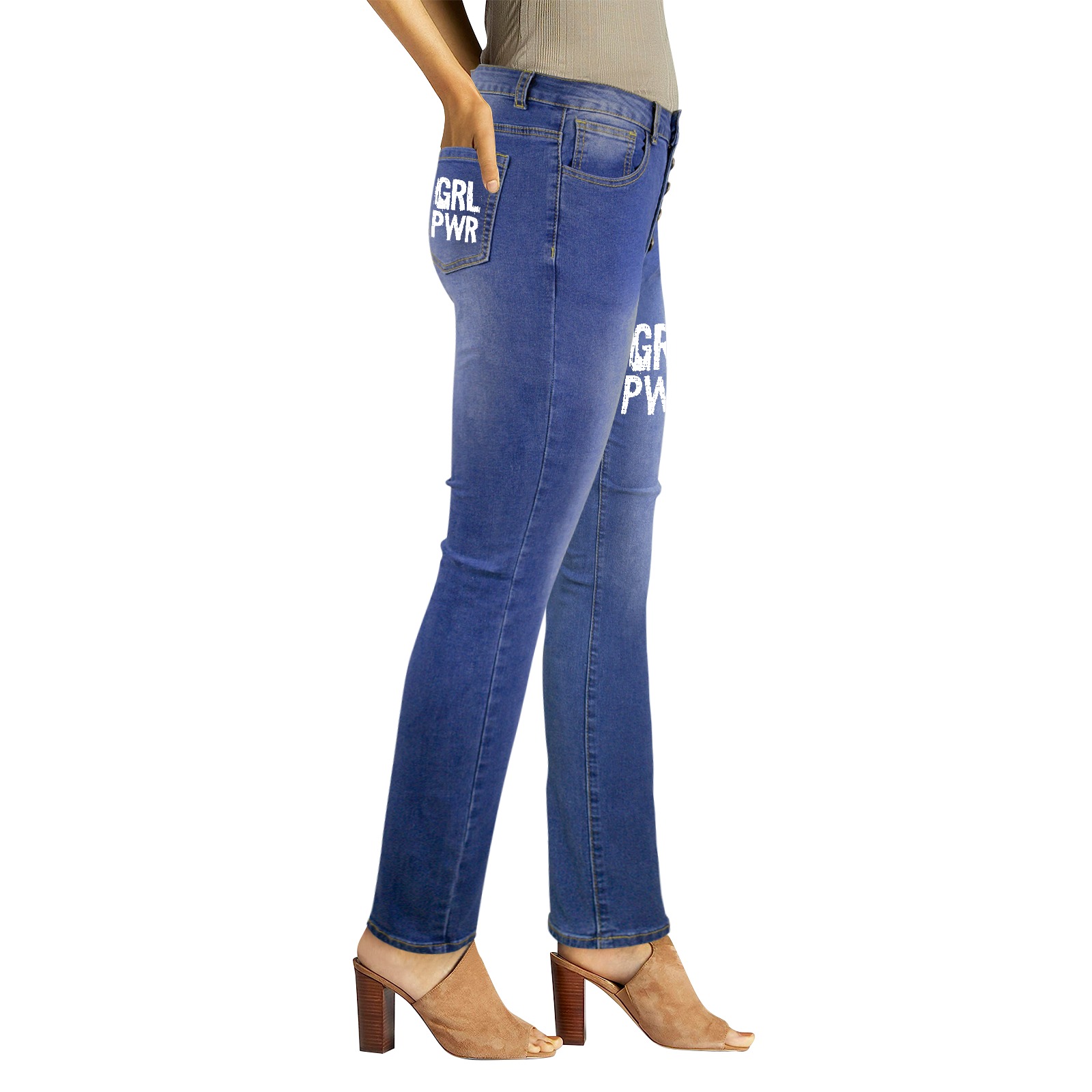 GRL PWR - Girl Power stunning white text. Women's Jeans (Front&Back Printing)