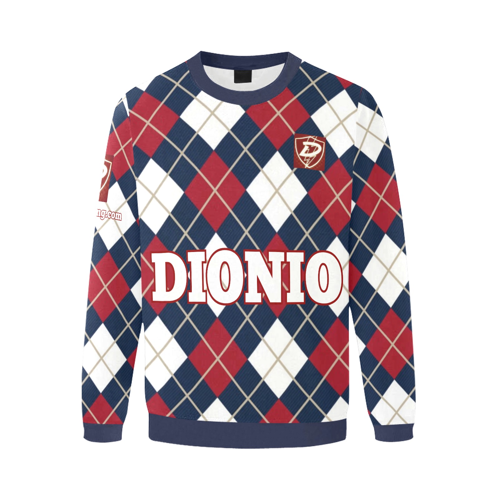 DIONIO Clothing - Argyle Blue,Red & White Diamond Sweatshirt (Red D-Shield Logo) Men's Oversized Fleece Crew Sweatshirt (Model H18)
