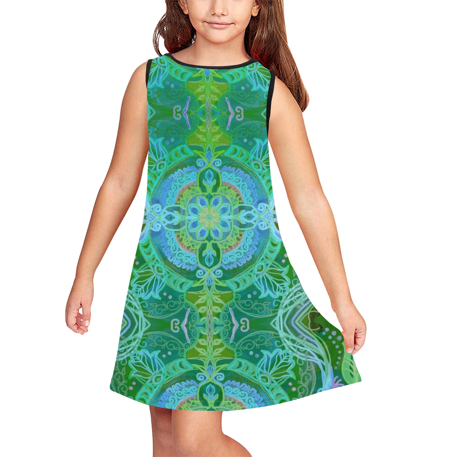floralie-greenblue Girls' Sleeveless Dress (Model D58)