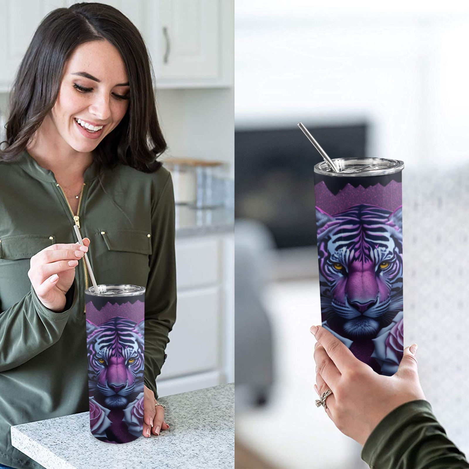 Tiger With Purple Roses - 20oz Tall Skinny Tumbler with Lid and Straw