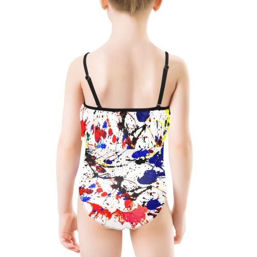 Blue & Red Paint Splatter Kids' Spaghetti Strap Ruffle Swimsuit (Model S26)
