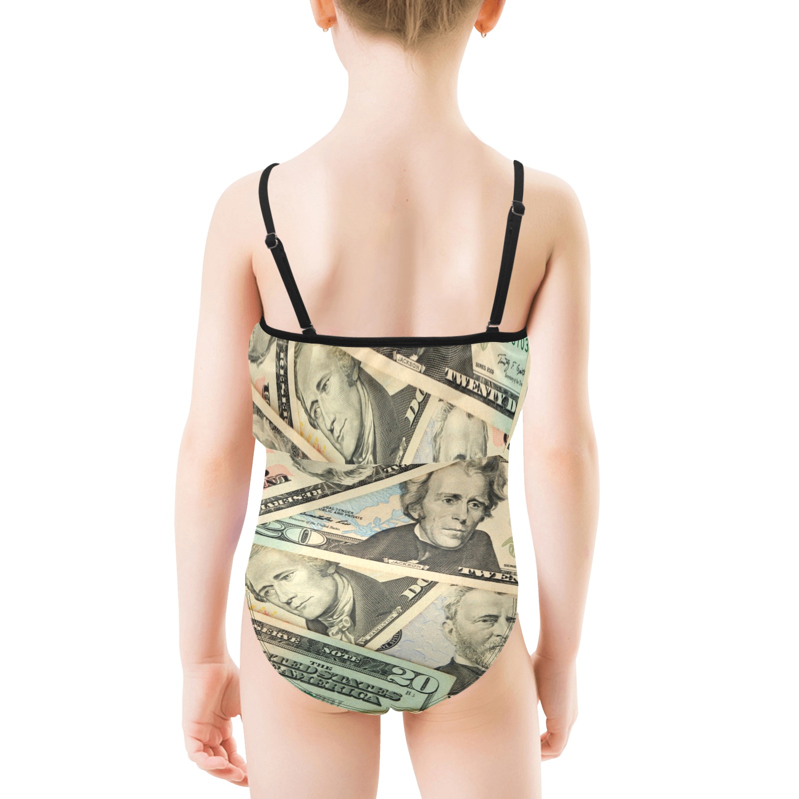 US PAPER CURRENCY Kids' Spaghetti Strap Ruffle Swimsuit (Model S26)
