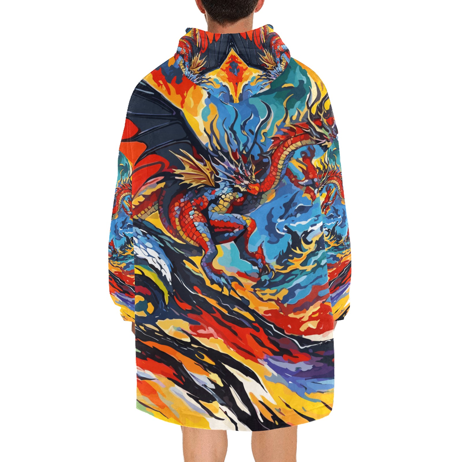 Cool fantasy dragon and waves of fire colorful art Blanket Hoodie for Men