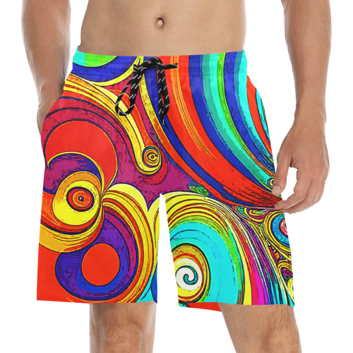 Colorful Groovy Rainbow Swirls Men's Mid-Length Beach Shorts (Model L51)