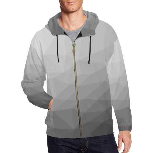 Grey Gradient Geometric Mesh Pattern All Over Print Full Zip Hoodie for Men (Model H14)