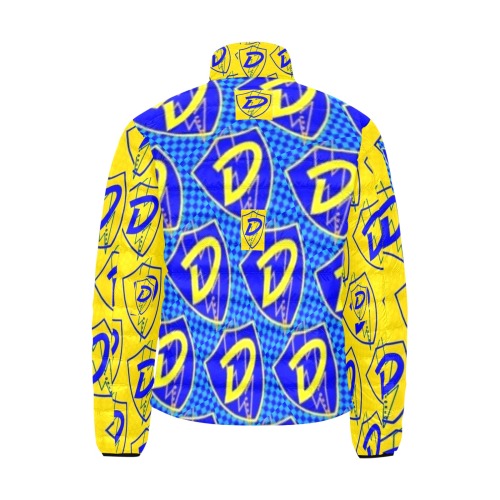DIONIO Clothing - Big D Shield Puffy Jacket (Grand Prix Blue & Yellow, Blue & Yellow Logo) Men's Stand Collar Padded Jacket (Model H41)