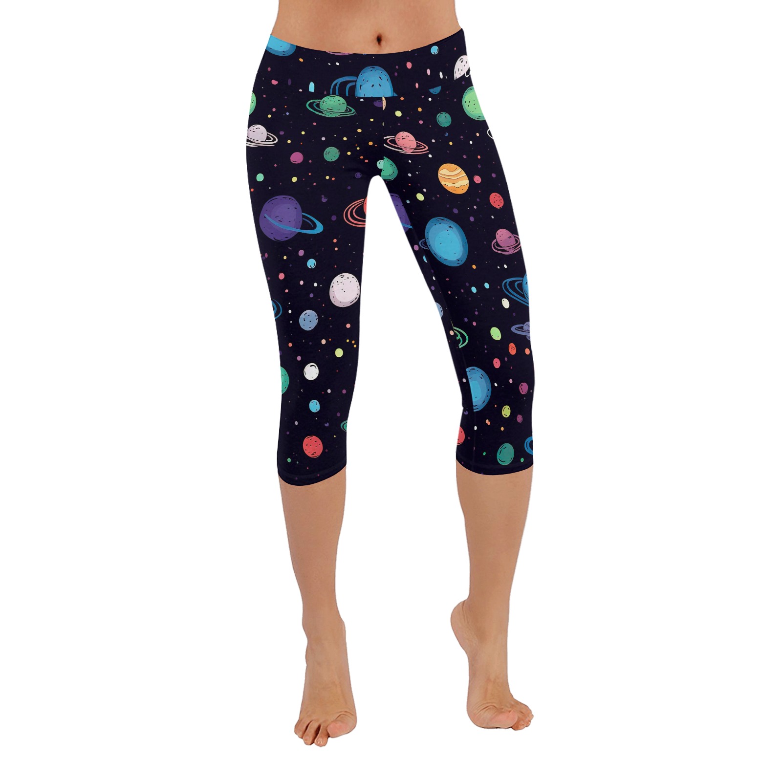 Colorful planets on black background Women's Low Rise Capri Leggings (Invisible Stitch) (Model L08)