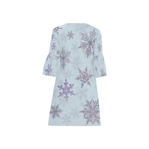 Snowflakes Winter Christmas Time pattern on blue Half Sleeves V-Neck Mini Dress (Model D63)