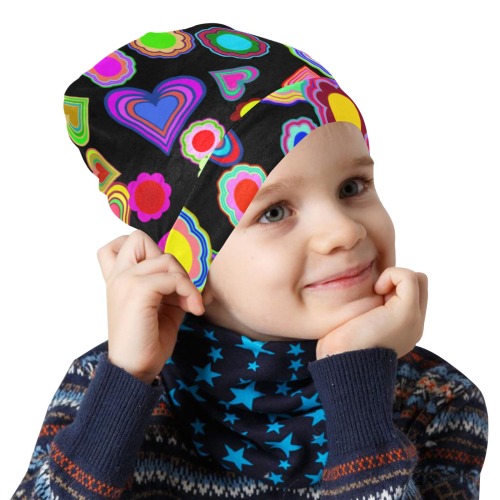 Groovy Hearts and Flowers Black All Over Print Beanie for Kids