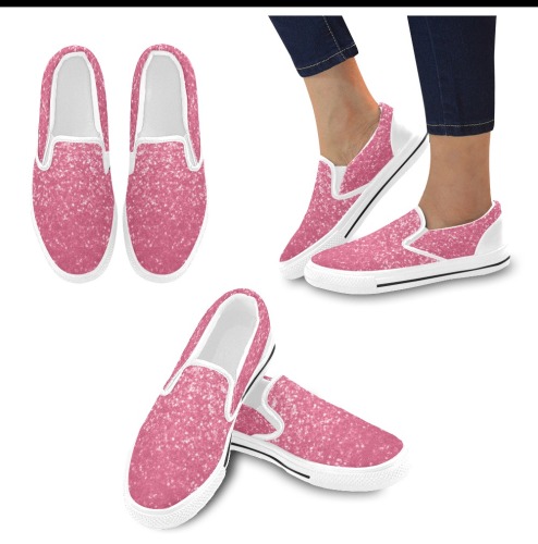Magenta light pink red faux sparkles glitter Women's Slip-on Canvas Shoes (Model 019)