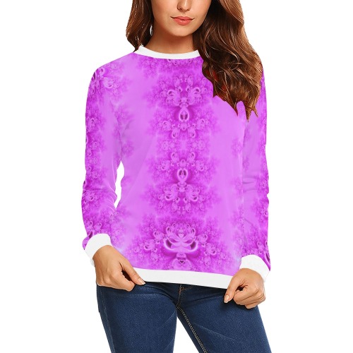 Soft Violet Flowers Frost Fractal All Over Print Crewneck Sweatshirt for Women (Model H18)