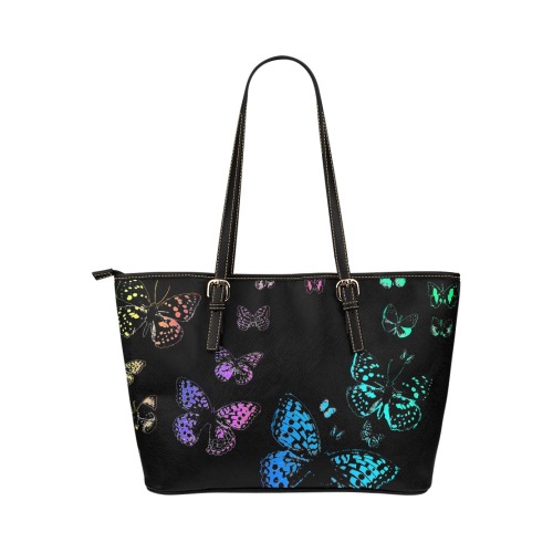 Rainbow Butterflies Leather Tote Bag/Large (Model 1651)