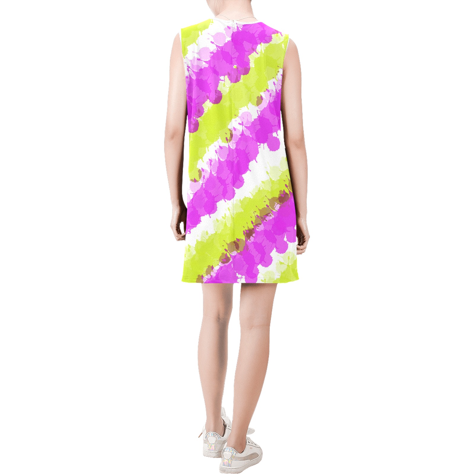Pink & Yellow Bright Splatter Sleeveless Round Neck Shift Dress (Model D51)