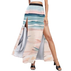 Fantasy art of deserted beach. Pastel colors. High Slit Long Beach Dress (Model S40)