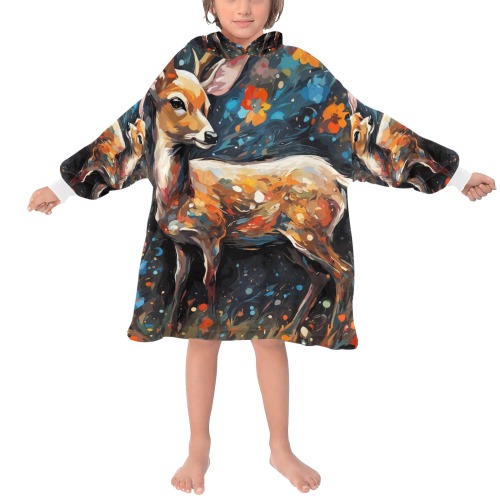 Adorable deer animal and flowers, dark background. Blanket Hoodie for Kids