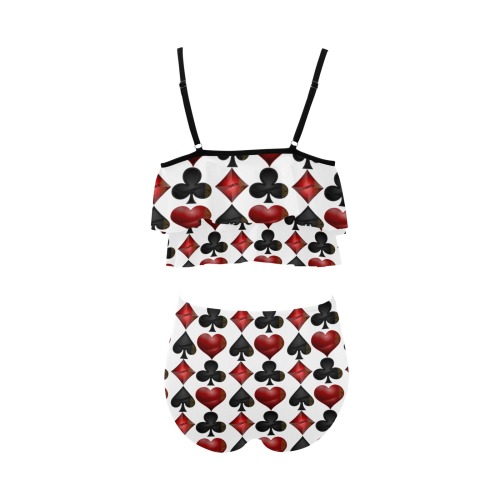 Las Vegas Black and Red Card Shapes White High Waisted Double Ruffle Bikini Set (Model S34)