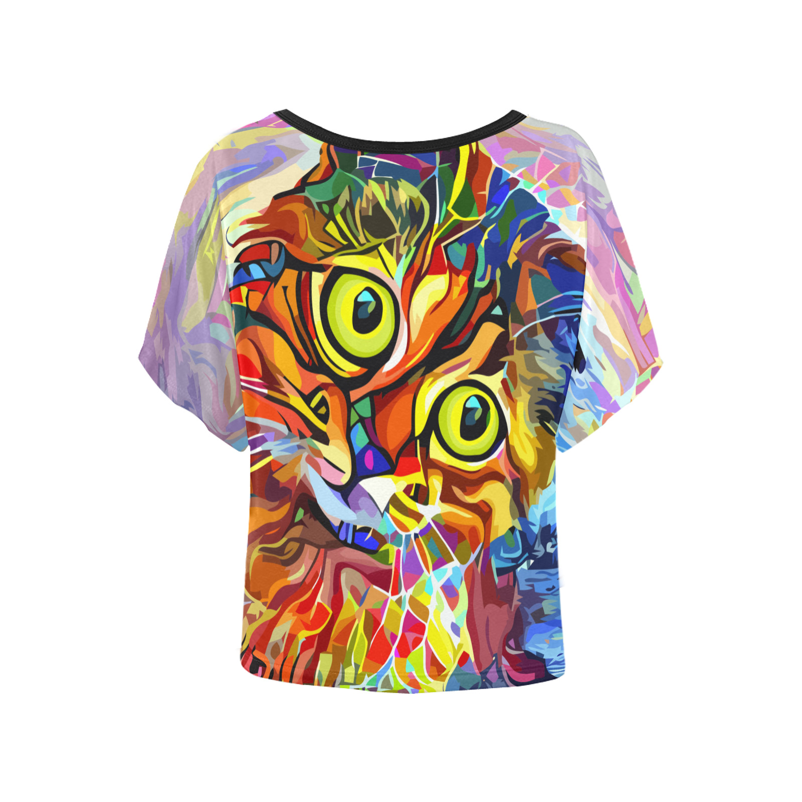 Abstract Cat Face Artistic Pet Portrait Painting Women's Batwing-Sleeved Blouse T shirt (Model T44)