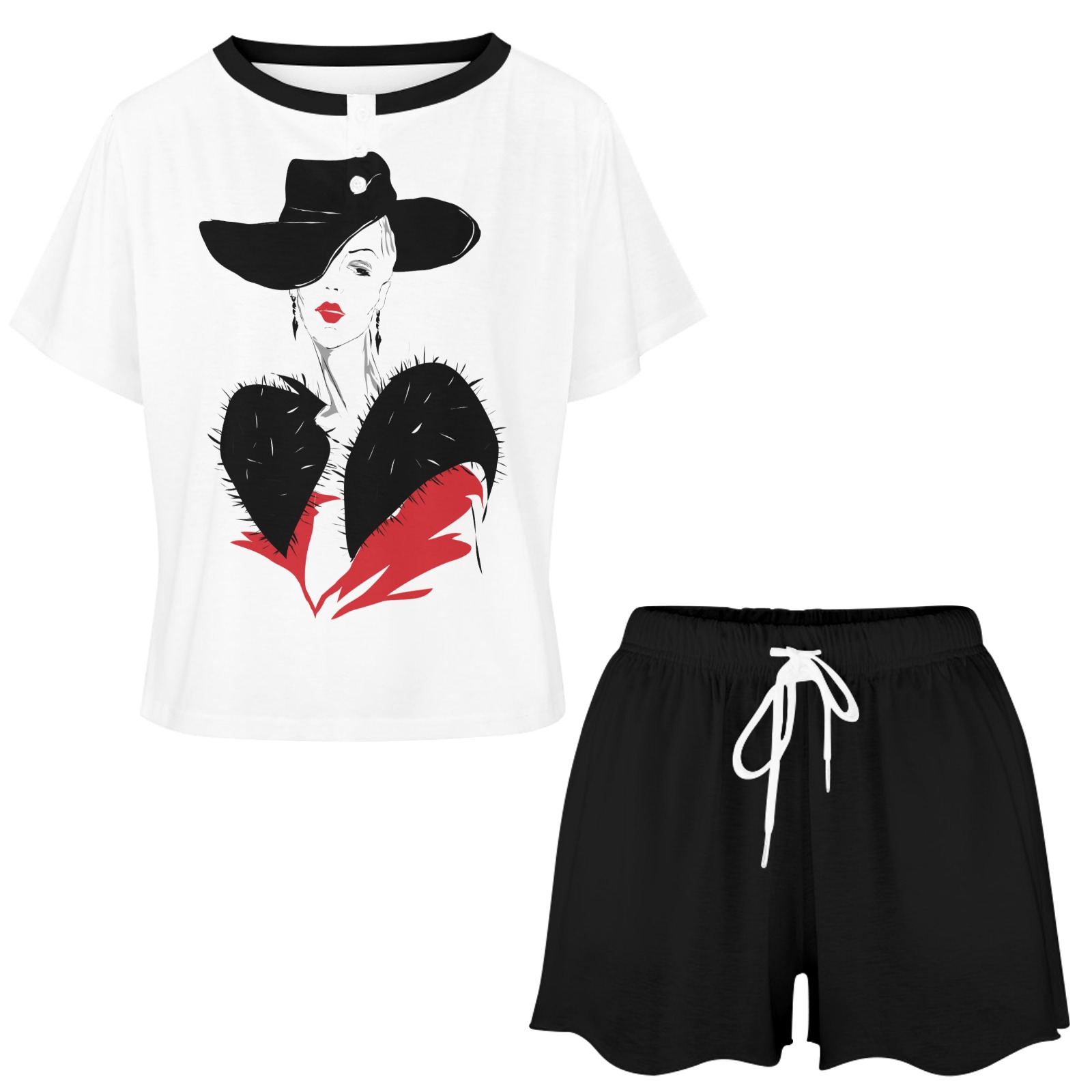 Fashion Plate in a Red Coat and Black Hat Women's Mid-Length Shorts Pajama Set
