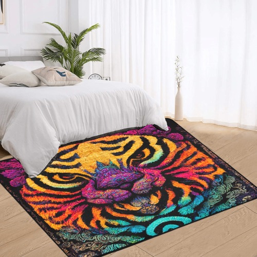 psychedelic animal face 4 Area Rug with Black Binding 7'x5'